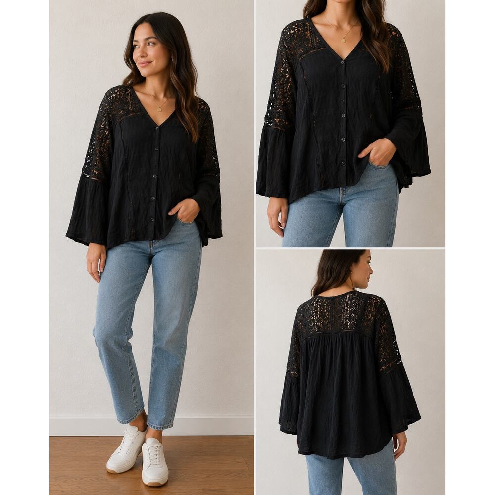 Women's Lace Crochet V Neck Bell Sleeve Shirt Casual Loose Blouse XL Farysays